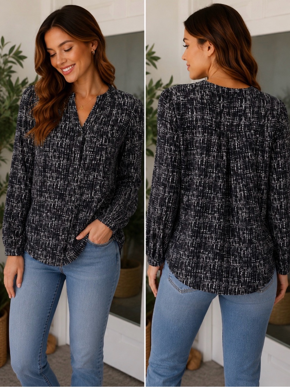 024 Lush Navy and White Long Sleeve V-Neck Blouse